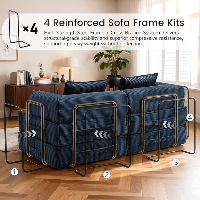 6-in-1 Convertible Sleeper Sofa Bed Corduroy Folding Mattress Couch with Fixed-Shape Frame Modular Foldable Boneless Couch Loveseat Couches with 2 Pillows for Living Room Bedroom Orange