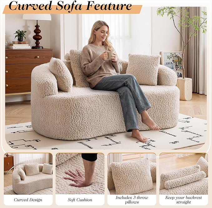 Curved Loveseat Sofa Couch Luxury Deep Seat Loveseat Sofa Couch for Small Place Modern Cloud Couch Floor Couch with 3 Pillows for Living Room &amp Bedroom No Assembly Required (Beige)