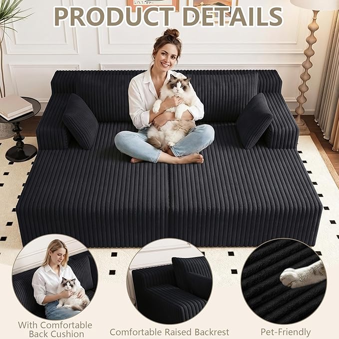 70.8 Oversized Boneless Double Chaise Lounge Chair Indoor Upholstered Corduroy Cloud Chaise Lounges with 4 Pillows Modern Deep Seat Loveseat Sleeper Sofa for Living Room Bedroom Apartment Black