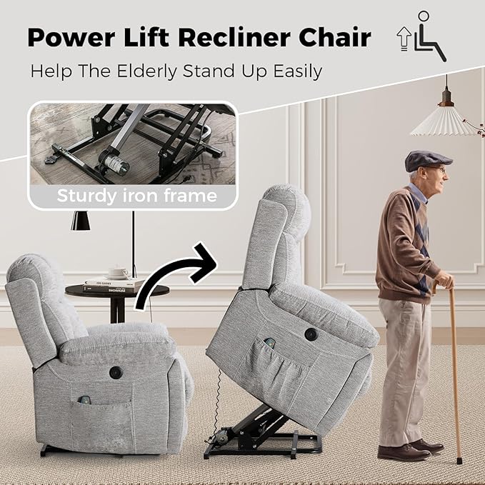 2 Power Lift Recliners with Massage and Heat for Elderly Electric Lifting Recliner Chair with Cup Holders &amp USB Port Oversized Single Reclining Sofa Set of 2 with Side Pocket Light Grey