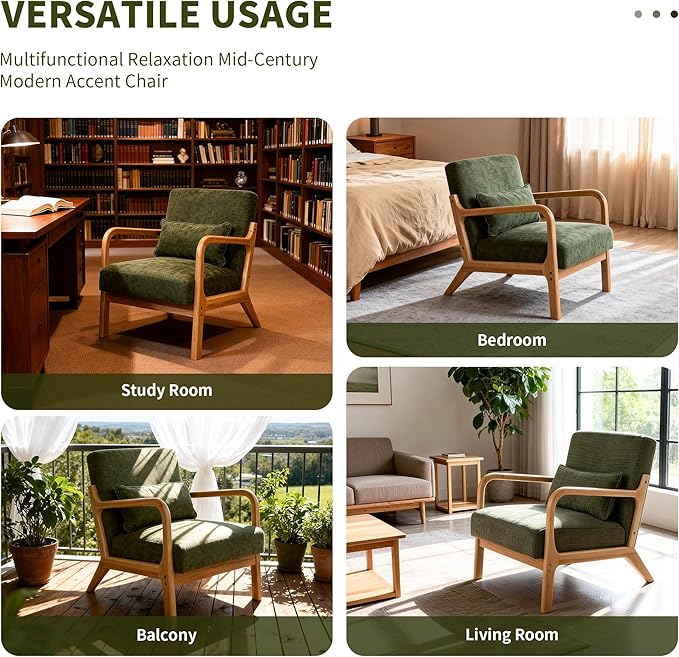 Mid Century Modern Accent Chair with Solid Wood Frame Comfy Reading Lounge Chair with Detachable Lumbar Pillow for Living Room Bedroom Office Vintage Small Wooden Armchair for Waiting Room (Green)
