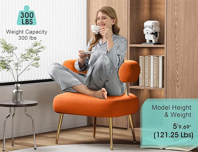 Modern Velvet Accent Chair Round Upholstered Barrel Armchair for Small Spaces Fluffy Side Corner Sofa Chair for Living Room Bedroom Vanity Office Reading Nook(Orange)