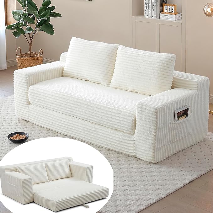 73 Cloud Loveseat Sofa Bed Beige - Boneless 2-Seater Couch No Assembly Convertible Folding 2-in-1 Design Small Space Corduroy Memory Foam Floor Lounge Couch for Bedroom Living Room (Beige)