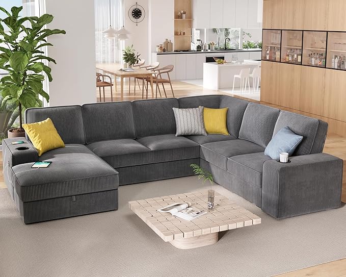 PaPaJet U Shaped Couch 112 Inch Oversized Couch with Storage Chaise Sectional Sofa with Cup Holders &amp 2 USB Ports Corduroy Grey Sofa