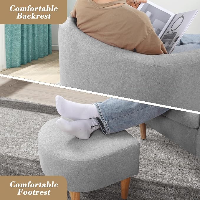 Athena Collection Modern Accent Chair with Ottoman Linen Barrel Sofa Chair Comfy Upholstered Armchair Reading Chair with Thickened Seat Cushion for Bedroom Living Room Gray