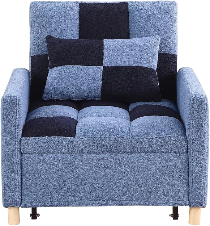 Sleeper Chair Bed - Convertible Single Sofa Chair Bed with PillowPull Out Sleeper Bed with Adjustable BackrestMulti-Functional Lounge Chair with Teddy Fabric for ApartmentLiving Room (Blue)