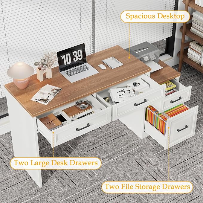 Vabches 61 Farmhouse Computer Desk with Storage and File Drawer Executive Desks with Printer Stand Rustic Large Home Writing Desk for Home Office.