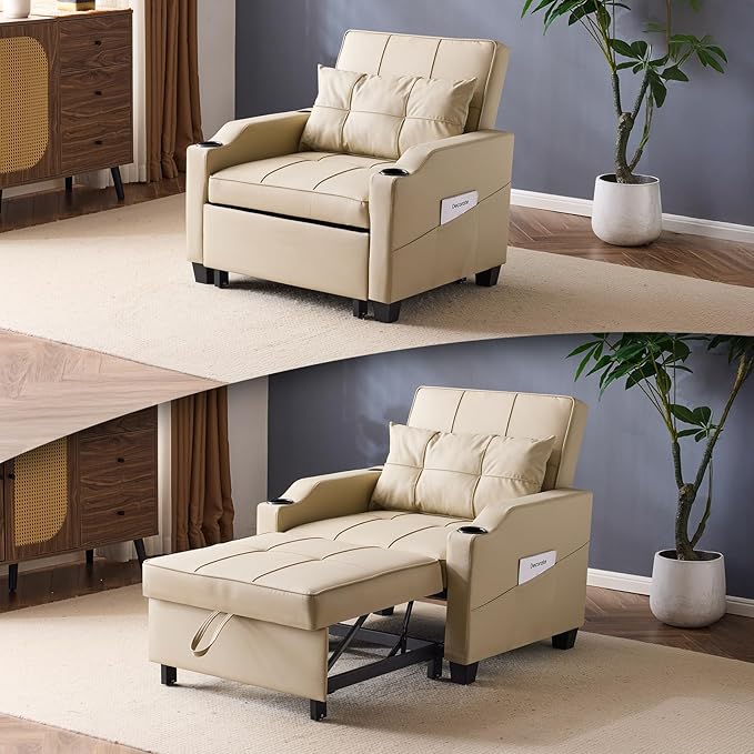 VINGLI Sofa Bed Chair Recliner 3-in-1 Convertible Sleeper Sofa Chair Bed Beige Daybed Pull Out Couch Bed with Adjustable Backrest USB Ports Cup Holders for Small Spaces Living Room