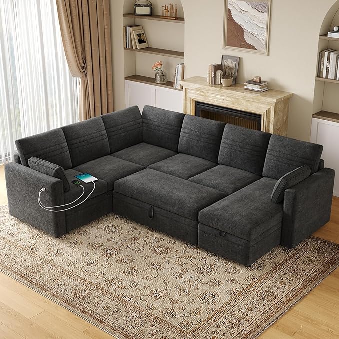 ONBRILL 105 Modular Sectional Sleeper Sofa with Pull Out Bed6 Seat Sectional Sleeper Sofa with Storage ChaiseUSB PortsModern U-Shaped Couches for Living RoomTool-Free AssemblyChenilleBlack