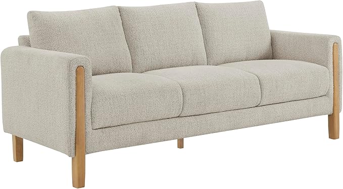 Modway Hawken 75 Inch Mid-Century Modern Boucle Sofa in Parchment Beech with Wood Legs – Comfortable 3-Seater Couch for Living Room Apartment or Office Lounge