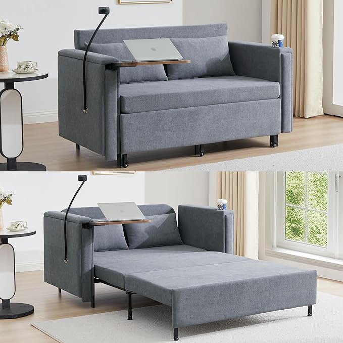 ORRD Pull Out Sofa Bed 2-in-1 Multi-Functional Sleeper Couch Small Loveseat Bed with Hidden Side Table Phone Holder and Cup Holder for Living Room Small Space Apartment (Grey)