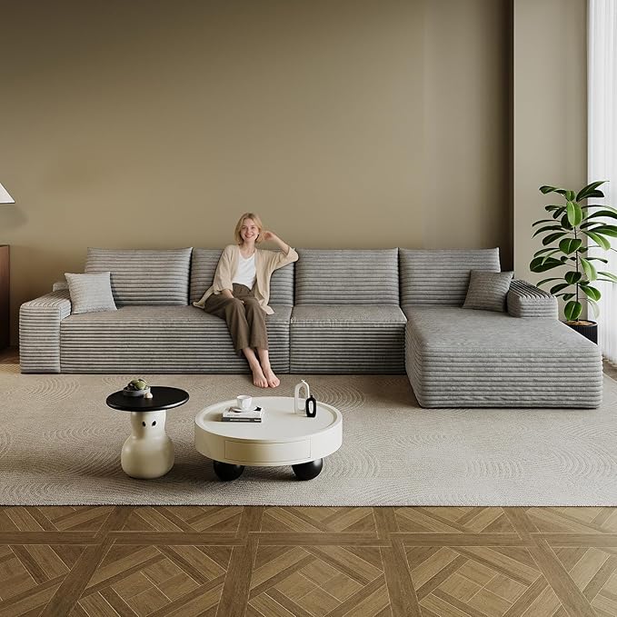 135.6 Boneless Sectional Couch Modern Modular L - Shape Corduroy Upholstered Sofa for Living Room - Deep Seat with Chaise (Grey 3 Seater+Right Facing Chaise)