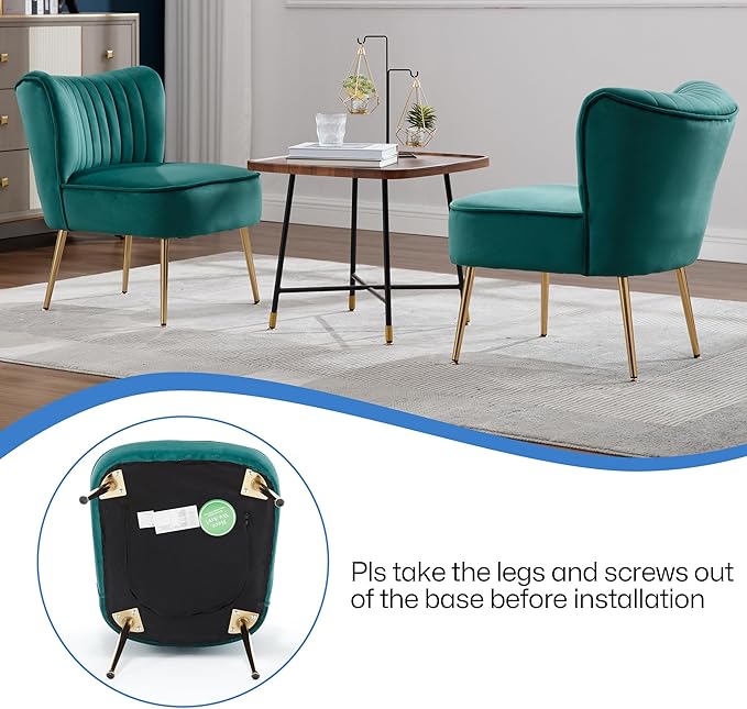 KCC Modern Velvet Upholstered Accent Chair Set of 2Mid Century Living Room Chairs with Golden LegsComfy Armless Chair Wingback Single Sofa Side Chair for BedroomDark Green