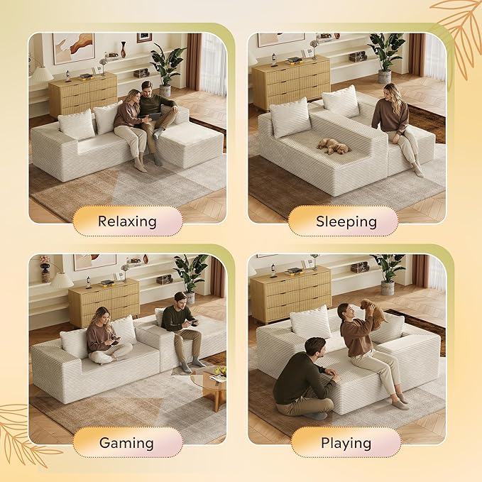 WLIVE 104'' Cloud Sectional Couches for Living Room Modular Boneless Couch with Left Facing Chaise L Shape Memory Foam Corduroy with Cushion Beige