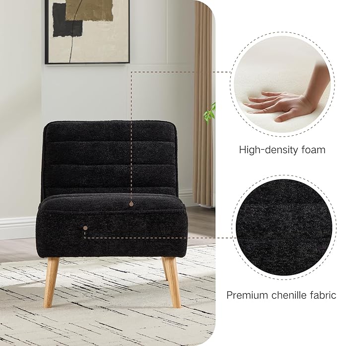 Mlmh &amp Kngwa 24.4 W Mid Century Modern Accent Chair Armless Accent Chairs Comfy Upholstered Reading Chairs Chenille Vanity Chair for Living Room Bedroom Black