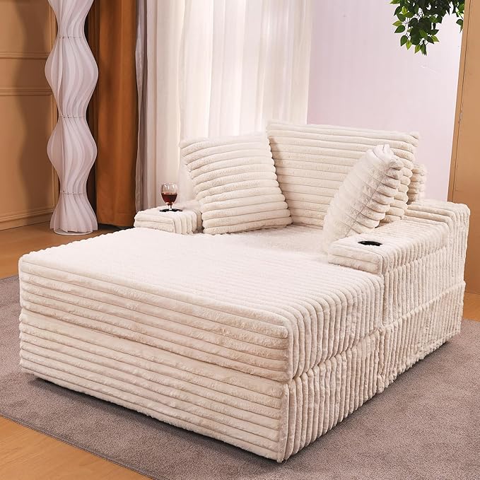 Garvee Oversized Chaise Lounge Chair Indoor with Storage Ottoman Upholstered Corduroy Sofa Bed Cloud Couch with 3 Pillows Single Sleeper Sofa Chair for Living Room Bedroom
