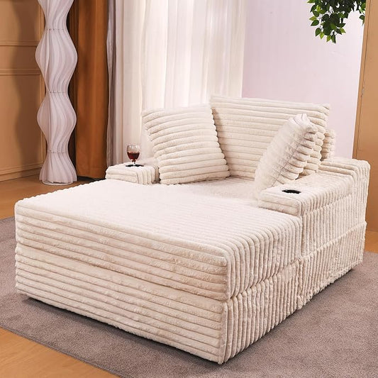 Garvee Oversized Chaise Lounge Chair Indoor with Storage Ottoman Upholstered Corduroy Sofa Bed Cloud Couch with 3 Pillows Single Sleeper Sofa Chair for Living Room Bedroom