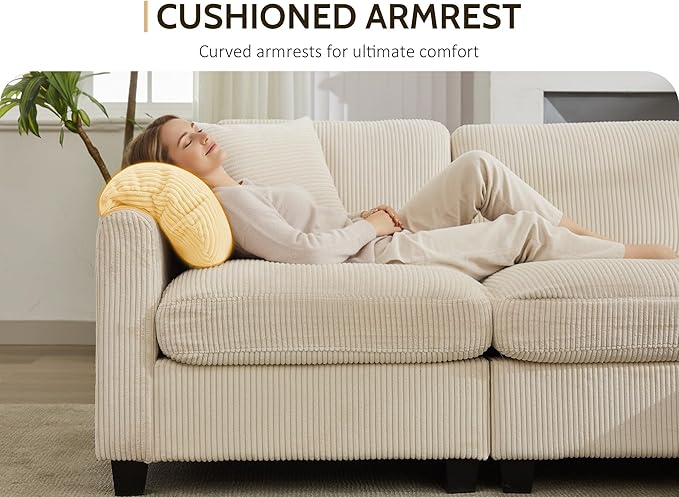 DRMBOOK 88'' U Shaped Modular Sectional Cloud Couch Comfy Corduroy 4 Seater Sofa with Curved Armrest Modern Deep Seat Modular Sofa for Living Room (Cream Beige 3 Seat+1 Corner+1 Ottoman)