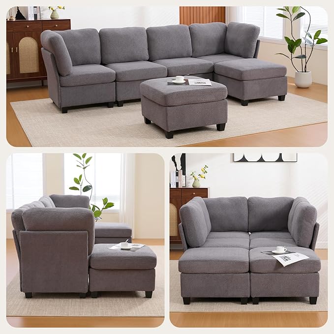113.39 Modular Sectional Sofa 6 Seaters Sectional Sleeper Sofa U Shaped Couch Comfy Convertible Couches with Ottomans Oversized Modular Sofa with Large Storage for Living Room (Grey)