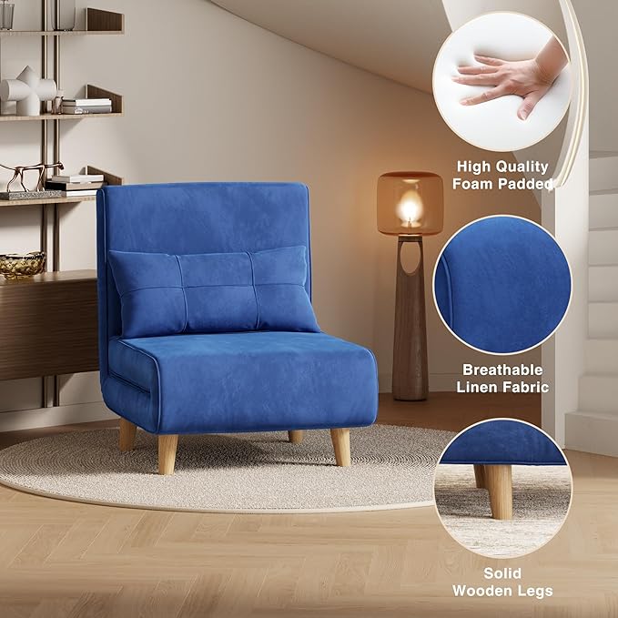 Aiho 3 in 1 Sleeper Chair Convertible Futon Chair Bed Velvet Sofa Bed with Adjustable Backrest Living Room Chair for Apartment/Bedroom/Guest Room Blue