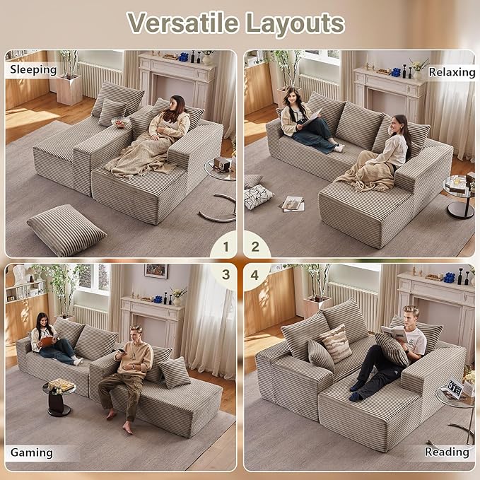 107 Cloud Sectional Couch with L-Shape Chaise Modern Modular Comfy Sofa Chaise Longue Upholstered Corduroy Couches Sleeper with Deep Seat for Living Room Bedroom No Assembly Required Camel