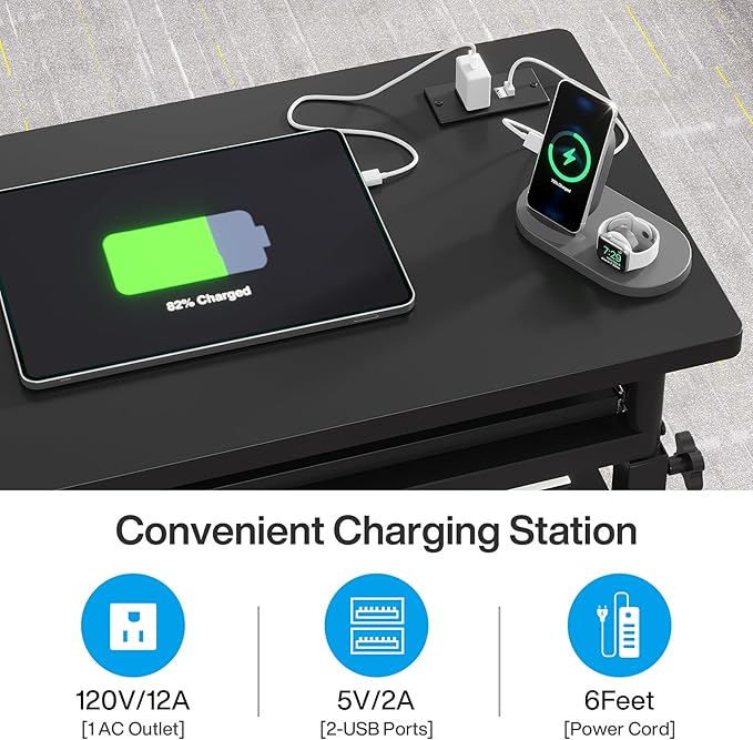 Tribesigns Small Portable Desk with Power Outlet Height Adjustable Sofa Couch Bedside Laptop Table with Wheels Mobile Standing Desk Rolling Computer Cart C Side Table with USB Ports