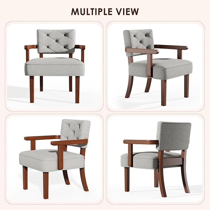 Versatile Side Arm Chair Small Modern Accent Chair Upholstered Wooden Armchair Corner Chair with Arm RestTufted Backrest Cushion for OfficeWaiting/Reading/Living Room Grey