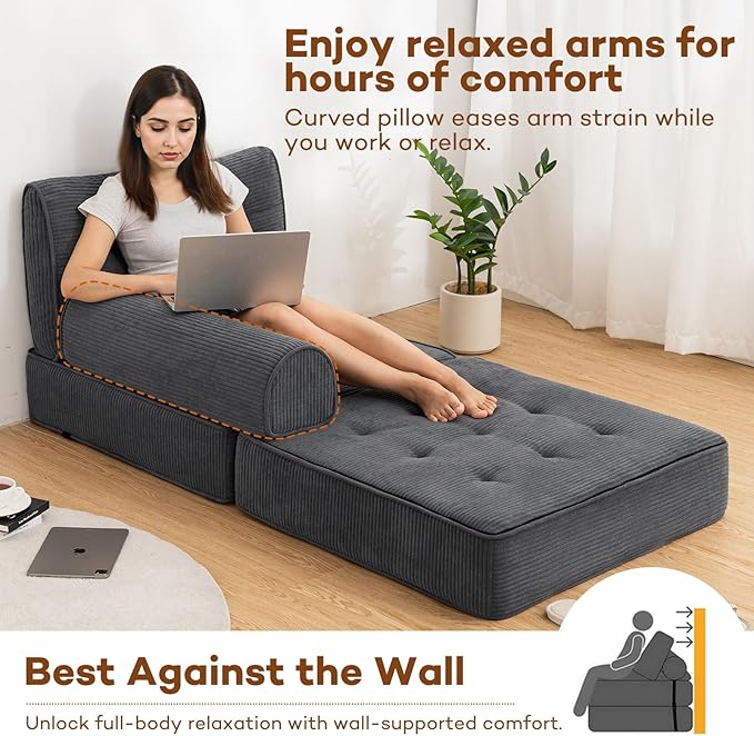 HOMMPA Folding Sofa Bed Convertible Sleeper Chair with Pillow Foldable Mattress with Back Support Portable Fold Out Sleeper Sofa Bed Floor Lounge Sofa for Living Room Home Office Single Size Dark Gray