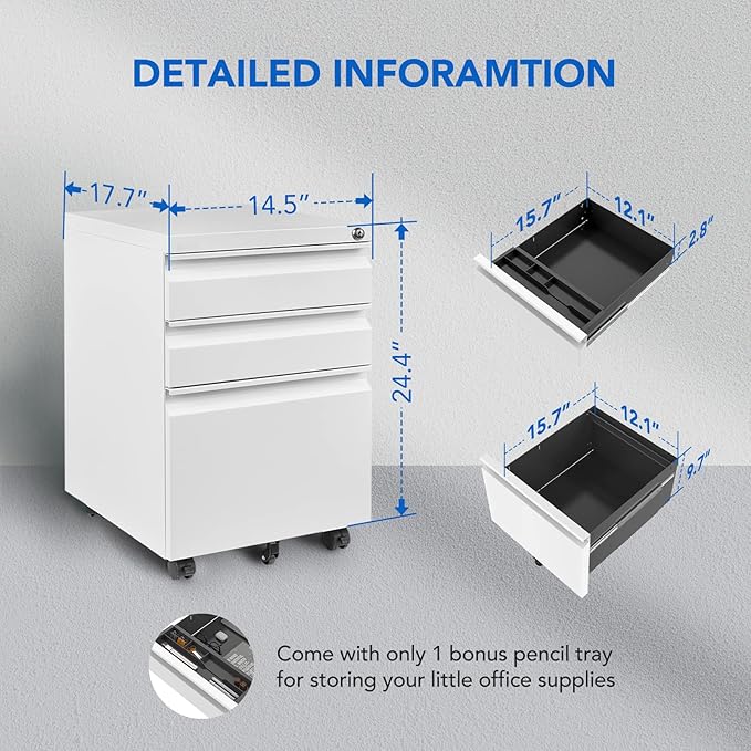 FLEXISPOT Mobile File Cabinet for Home Office Under Desk Storage with Lock Keys 3 Drawer File Cabinet for Legal/Letter/A4 File White