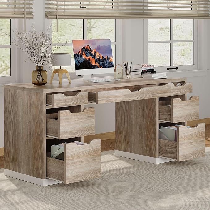 Computer Desk with Drawers 54 Inch Small Office Desk with 7 Drawers for Bedroom Executive Desk with Stoarge Drawers for Work Study Writing Small Spaces Walnut
