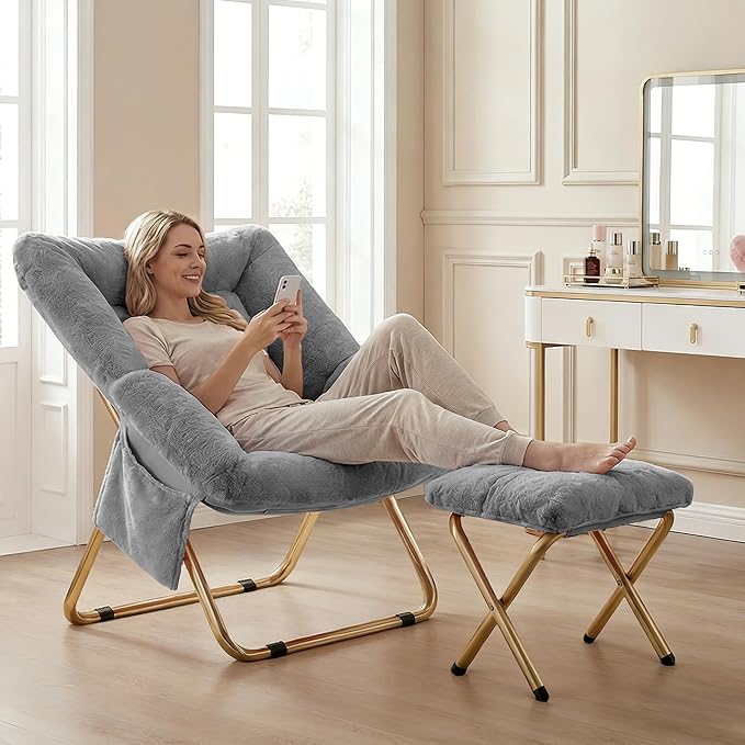 Comfy Saucer Chair for Adults Foldable Living Room Chairs Soft Faux Fur Lounge Chair for Bedroom Reading Chairs X-Large (Ottoman-Grey)