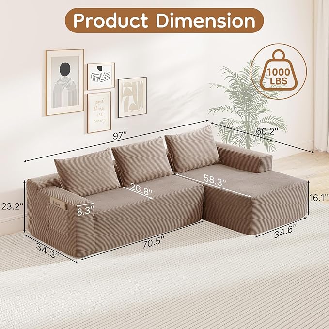 97 L Shaped Boneless Couches fo Living Room Modular Sectional Sofa Camel Corduroy Compression Couches for Small Spaces No Assembly Required (Right Facing Chaise)