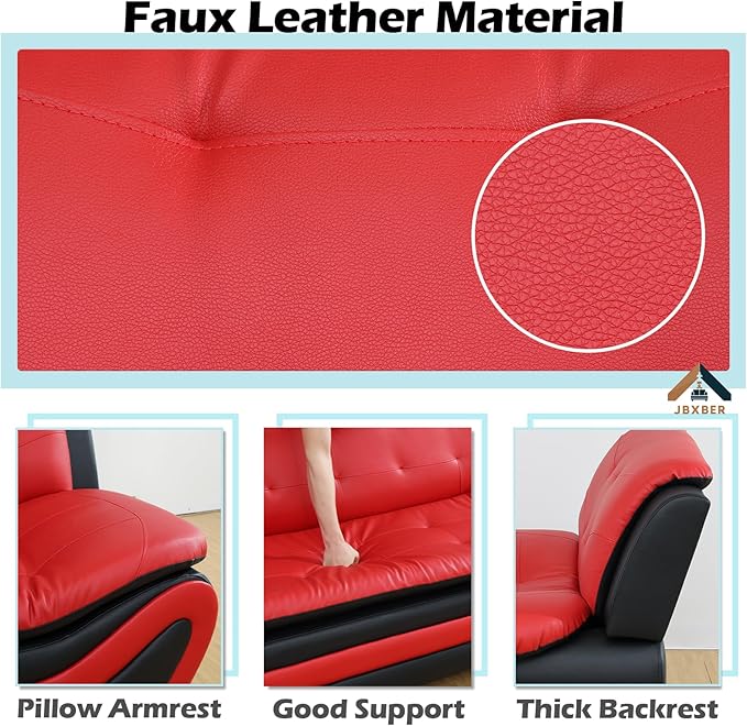 Living Room Furniture Set for Living Room Faux Leather Couch Sets Modern Couch for Apartment Home Office(Loveseat and ChairRed&ampBlack)