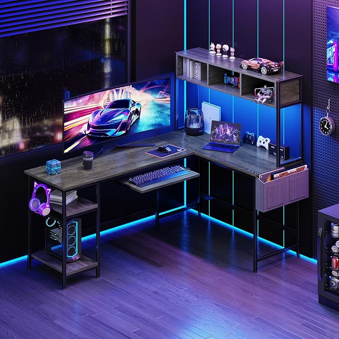 DUMOS L Shaped Gaming Desk 67” Reversible Computer Desks with Led Lights Corner Table with Keyboard Tray Side Bag Storage Shelf Metal Frame Wood Writing for Home Office Bedroom Grey