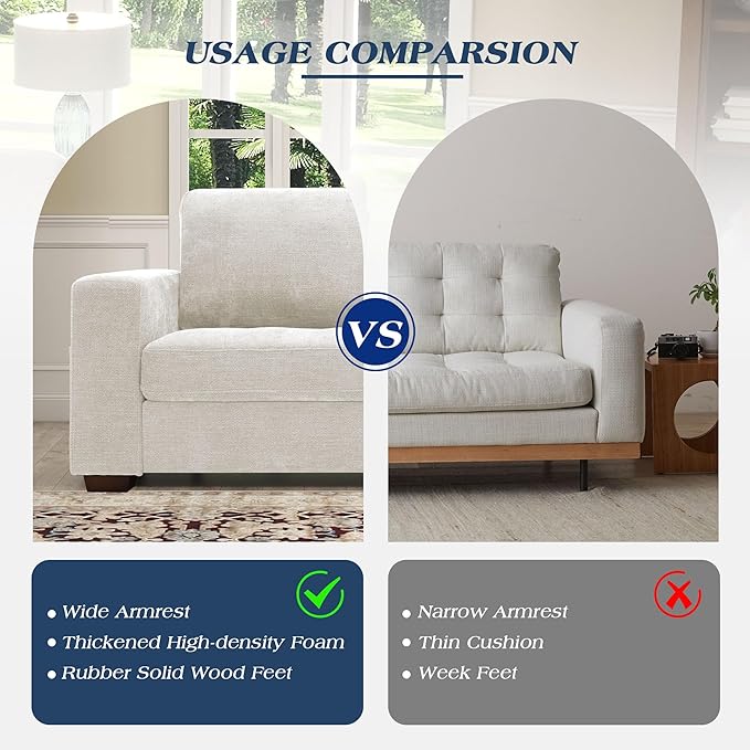 WorthFurni Sofas for Living Room Chenille Loveseat Couch Set Small Modern Sofa USB Charging Removable Sofa CoverSolid Wood Frame Easy to Install(89inchWhite)