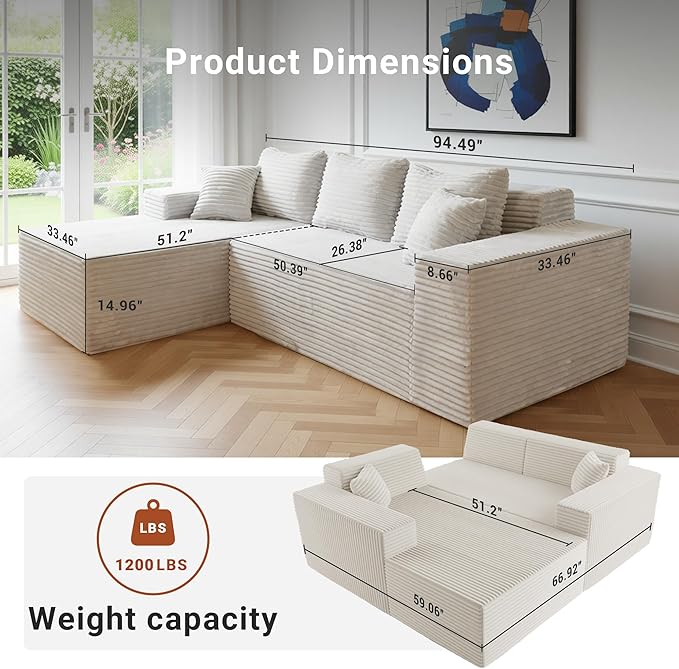 Boneless Couch Cloud Couch Sectional L-Shape Corduroy Modular Sectional Sofa Deep Seat Upholstered Couches for Living Room No Assembly Required Beige Left Facing Chaise