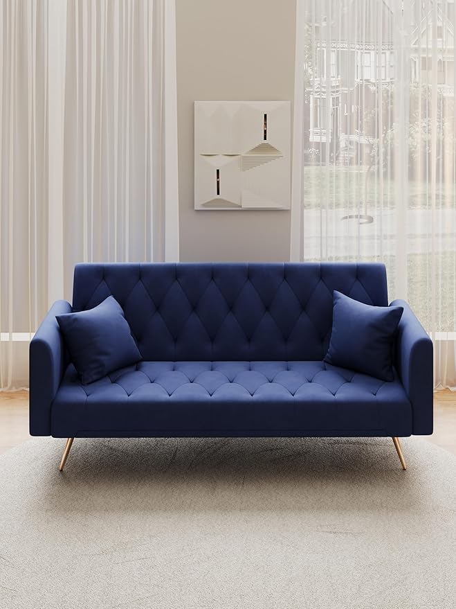 71 Convertible Velvet Futon Sofa Bed Loveseat with Multiple Adjustable BackrestsModern Sleeper Couch with Golden Metal Legs for Living RoomApartmentOfficeBlue