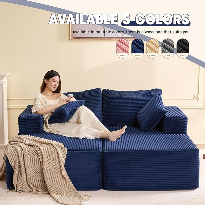 Chaise Lounge Chair Boneless Couch for Living Room and Bedroom Set of Sleeper Couches Reading Chairs Corduroy Blue