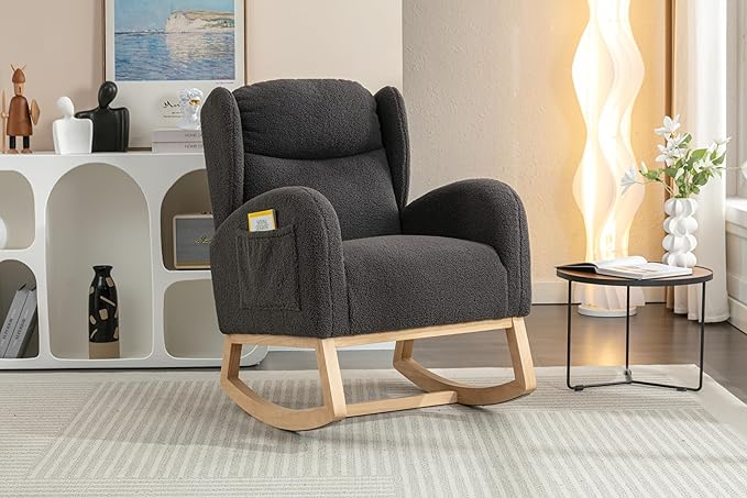 Teddy Rocking Chair Dark Gray Fabric Armchair with Wooden Legs for Living Room Bedroom