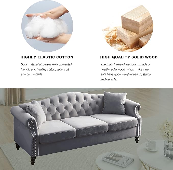 2 Piece Grey Velvet Chesterfield Sofa Set for Living Room79 3 Seater&amp57 Loveseat Sofa SetButton Tufted Nailhead Trimming Curved Backrest Rolled Arms with Black Metal Legs with 4 Pillows