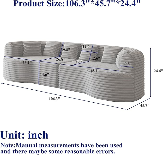 KEIKI 106.3 Curved Sectional Sofa Oversized Cloud Couch with 6 Pillows Deep Seat Sofa for Living Room Guest Bedroom No Assembly Required Gray