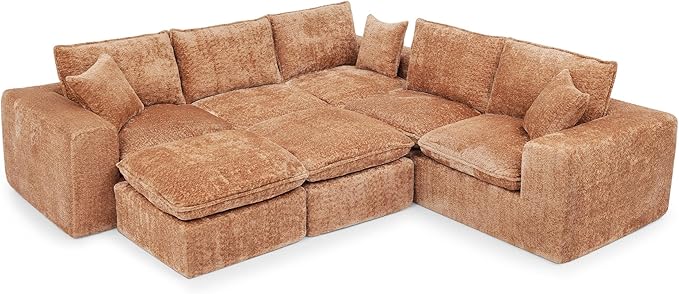 L-Shaped Boneless Modular Sectional Cloud Couches 7 Seat Modular Boucle Floor Foam Boneless Sofa Couch with Ottomans Headrest Pillows and Removable Cushions