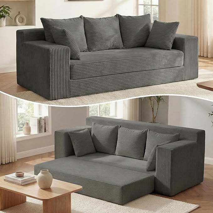 Convertible Sofa Bed 5 in 1 Small Boneless Couch Pull Out Loveseat Sleeper SofaCorduroy Futon Couch Folding Mattress with 4 Pillows for Living Room Bedroom Lounge (No Assembly)