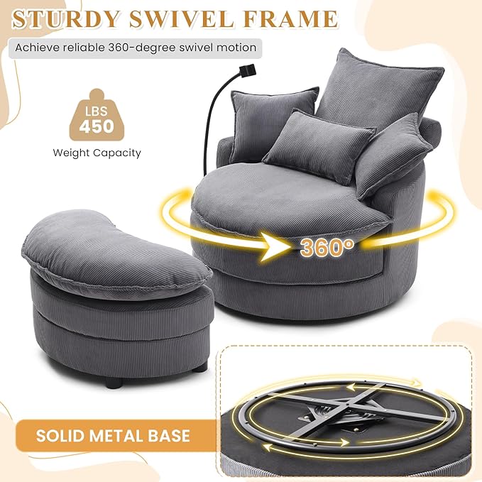 Swivel Barrel Accent Sofa Chair with Phone Holder &amp Storage Ottoman 360 Degree Modern Comfy Corduroy Oversized Leisure Chaise Lounge Arm Chair for Nursery Living Room Hotel Bedroom Office Gr