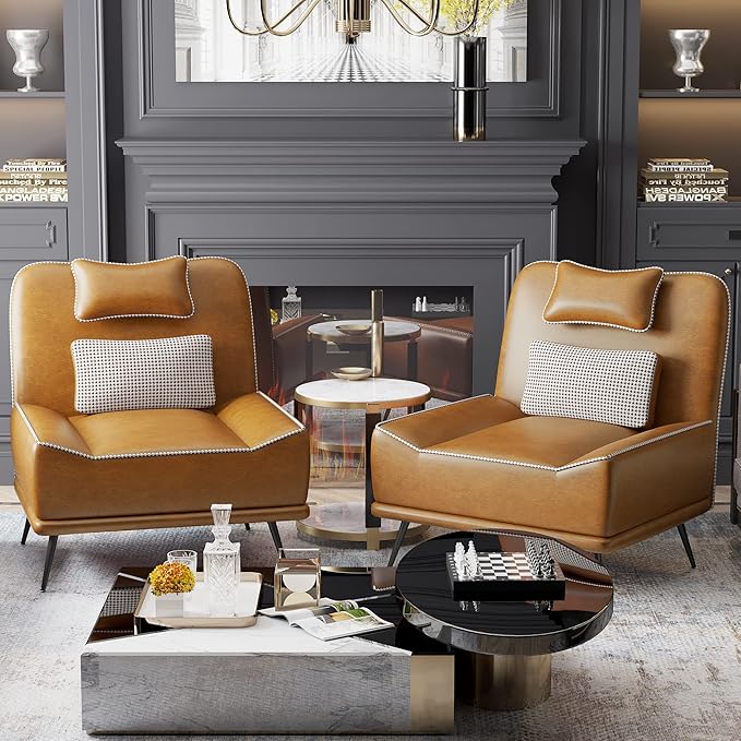 Yongqiang 35 Accent Chair with Ottoman Mid Century Modern Upholstered Faux Leather Chairs for Living Room Bedroom Lounge Chair Armless Sofa Chair and Ottoman Brown