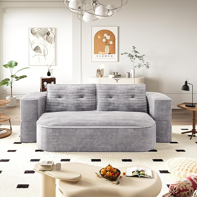 78.7 Folding Futon Corduroy Sleeper Sofa Bed Convertible Floor Boneless Sofa Full Size Compression Loveseat with 2 Pillows No Assembly 2-in-1 Foldable Couch for Living Room (Light Gray)
