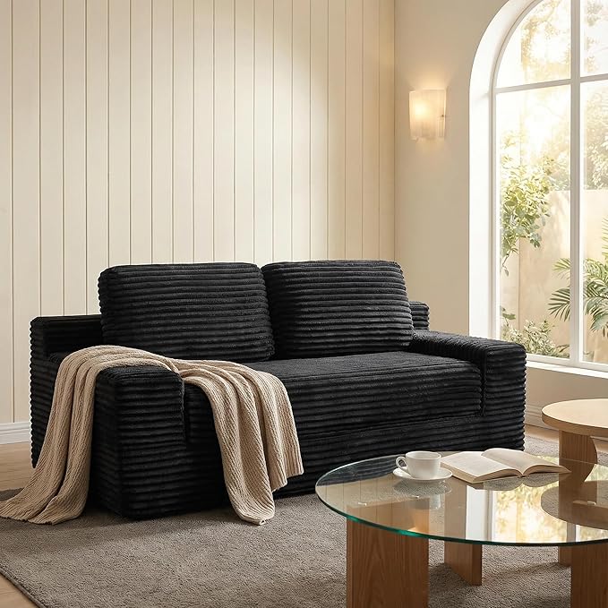 71 Corduroy Cloud Loveseat Sofa Bed Pull Out Convertible 2-in-1 Boneless Couch Deep Seat 2-Seater Design No Assembly Floor Sofa with Side Pockets for Living Room Bedroom Apartment (Black) | Pul