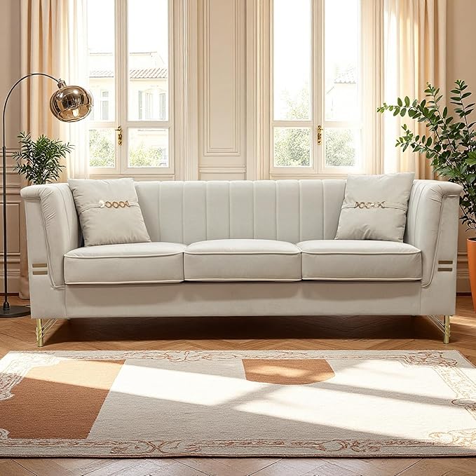 83.46 Upholstered Chesterfield Couch Modern 3 Seater Sofa with Tufted Back and Square Arms Wood Leg Nailhead Sofa for Living Room/Office/Apartment/Small Space Beige Velvet