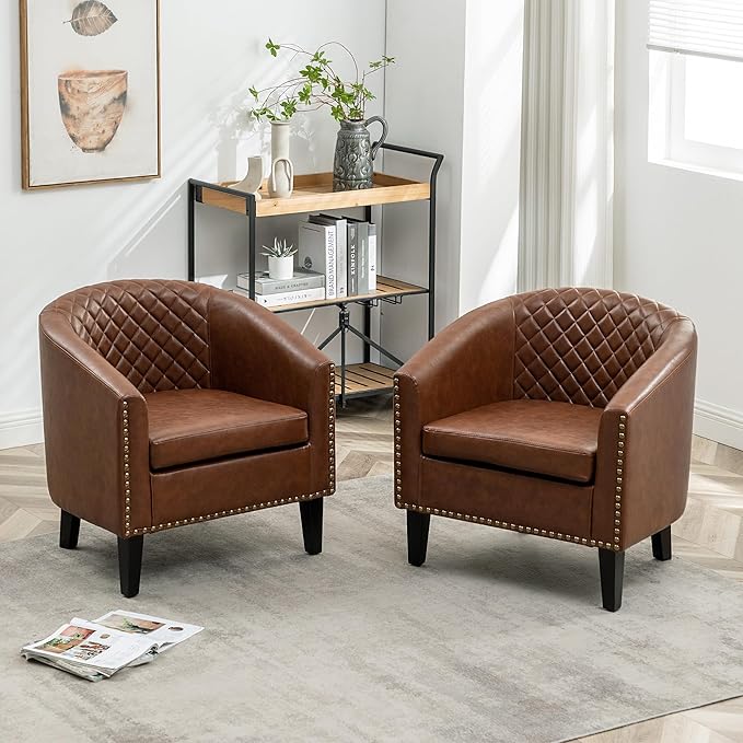 KINWELL 29 W Faux Leather Barrel Chairs Set of 2 Modern PU Upholstered Tufted Club Chairs with Nailhead Trim Small Armchairs Accent Chairs for Living Room Bedroom Apartment Lounge Nursery Brown
