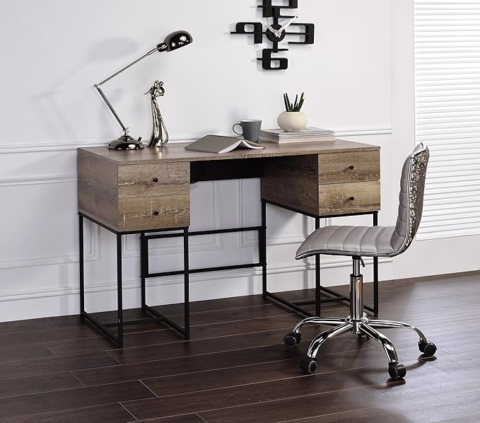 Rustic Oak &amp Black Writing Desk with USB Port - Modern Home Office Design